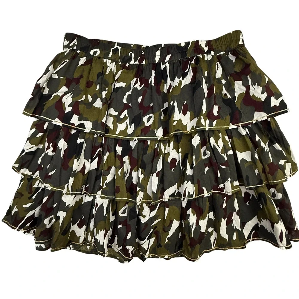 Lane Bryant Skirt Womens 14/16 Green Camo Tiered Ruffle Metallic Trim Cotton NWT - Picture 2 of 9